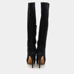 Pre Owned Yves Saint Laurent Black Suede Platform Knee Length Boots Size 40