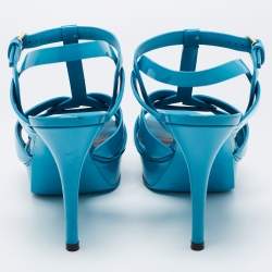 Pre Owned Yves Saint Laurent Blue Patent Leather Tribute Ankle Strap  Sandals Size 39