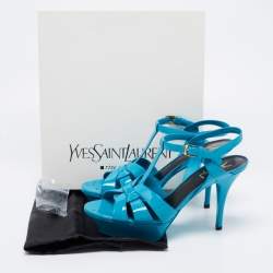 Pre Owned Yves Saint Laurent Blue Patent Leather Tribute Ankle Strap  Sandals Size 39