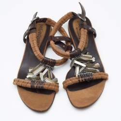 مملوكة مسبقًا Yves Saint Laurent Brown Canvas and Leather Embellished Flat Sandals Size 39