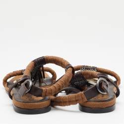 مملوكة مسبقًا Yves Saint Laurent Brown Canvas and Leather Embellished Flat Sandals Size 39