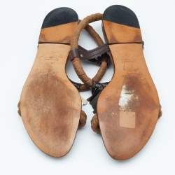 مملوكة مسبقًا Yves Saint Laurent Brown Canvas and Leather Embellished Flat Sandals Size 39