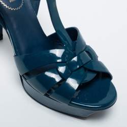 Pre Owned Yves Saint Laurent Navy Blue Patent Leather Tribute Platform Sandals Size 37