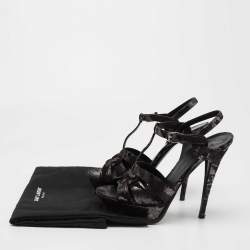 Pre Owned Yves Saint Laurent Black/Silver  Suede Tribute Ankle Strap  Sandals Size 38