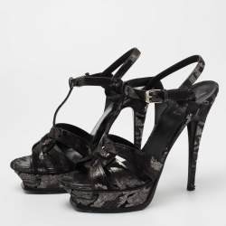 Pre Owned Yves Saint Laurent Black/Silver  Suede Tribute Ankle Strap  Sandals Size 38
