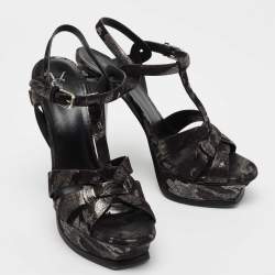 Pre Owned Yves Saint Laurent Black/Silver  Suede Tribute Ankle Strap  Sandals Size 38