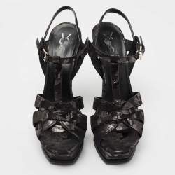Pre Owned Yves Saint Laurent Black/Silver  Suede Tribute Ankle Strap  Sandals Size 38