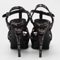 Pre Owned Yves Saint Laurent Black/Silver  Suede Tribute Ankle Strap  Sandals Size 38