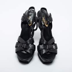 Pre Owned Yves Saint Laurent Black Lizard Embossed Leather Tribute  Ankle Strap Sandals Size 37.5