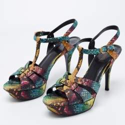 Pre Owned Yves Saint Laurent Multicolor Python Embossed Leather Tribute Sandals Size 38.5