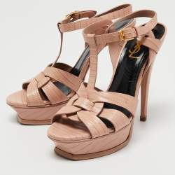 Pre Owned Yves Saint Laurent Pink Lizard Embossed Leather Tribute Ankle Strap Sandals Size 37.5