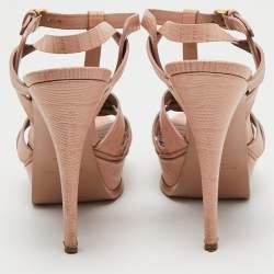 Pre Owned Yves Saint Laurent Pink Lizard Embossed Leather Tribute Ankle Strap Sandals Size 37.5