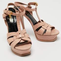 Pre Owned Yves Saint Laurent Pink Lizard Embossed Leather Tribute Ankle Strap Sandals Size 37.5