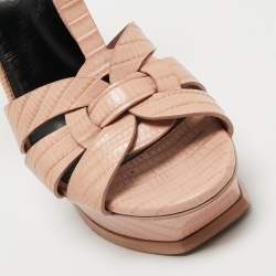 Pre Owned Yves Saint Laurent Pink Lizard Embossed Leather Tribute Ankle Strap Sandals Size 37.5
