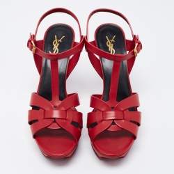 مملوكة مسبقًا Yves Saint Laurent Red Leather Tribute Platform Sandals Size 40