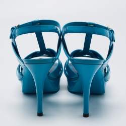 Pre Owned Yves Saint Laurent Blue Patent Leather Tribute Platform Sandals Size 39.5