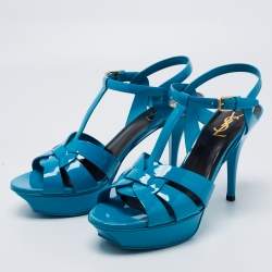 Pre Owned Yves Saint Laurent Blue Patent Leather Tribute Platform Sandals Size 39.5