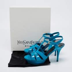 Pre Owned Yves Saint Laurent Blue Patent Leather Tribute Platform Sandals Size 39.5