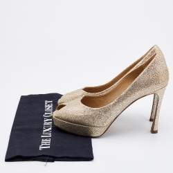 Yves Saint Laurent Gold Textured Leather Peep Toe Platform Pumps Size 37.5