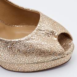 Yves Saint Laurent Gold Textured Leather Peep Toe Platform Pumps Size 37.5