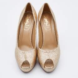 Yves Saint Laurent Gold Textured Leather Peep Toe Platform Pumps Size 37.5