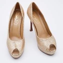 Yves Saint Laurent Gold Textured Leather Peep Toe Platform Pumps Size 37.5