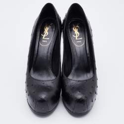 Pre Owned Yves Saint Laurent Black Ostrich Leather Tribtoo Platform Pumps Size 37.5