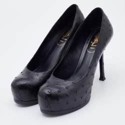 Pre Owned Yves Saint Laurent Black Ostrich Leather Tribtoo Platform Pumps Size 37.5