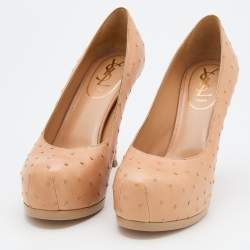 Pre Owned Yves Saint Laurent Beige Ostrich Leather Tribtoo Platform Pumps Size 37.5