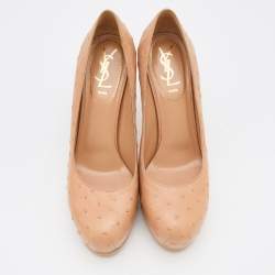 Pre Owned Yves Saint Laurent Beige Ostrich Leather Tribtoo Platform Pumps Size 37.5