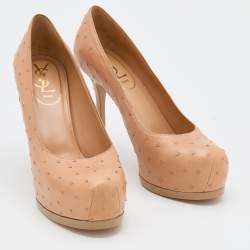 Pre Owned Yves Saint Laurent Beige Ostrich Leather Tribtoo Platform Pumps Size 37.5