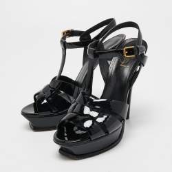 Pre Owned Yves Saint Laurent Black Patent Leather Tribute Platform Sandals Size 39