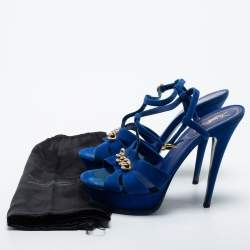 مملوكة مسبقًا Yves Saint Laurent Navy Blue Suede Chain Detail Platform Sandals Size 39.5