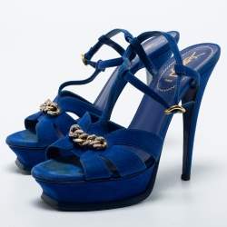 مملوكة مسبقًا Yves Saint Laurent Navy Blue Suede Chain Detail Platform Sandals Size 39.5