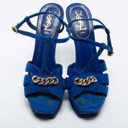 مملوكة مسبقًا Yves Saint Laurent Navy Blue Suede Chain Detail Platform Sandals Size 39.5