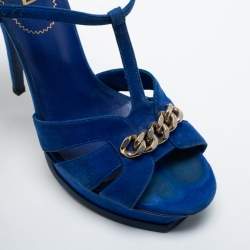 مملوكة مسبقًا Yves Saint Laurent Navy Blue Suede Chain Detail Platform Sandals Size 39.5