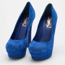 Yves Saint Laurent Blue Suede Palais Platform Peep Toe Pumps Size 36.5