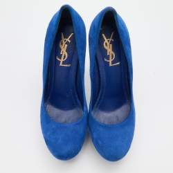 Yves Saint Laurent Blue Suede Palais Platform Peep Toe Pumps Size 36.5