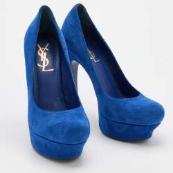Yves Saint Laurent Blue Suede Palais Platform Peep Toe Pumps Size 36.5