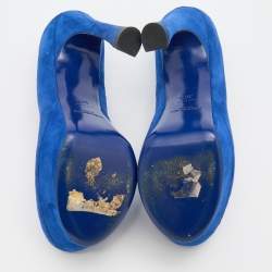 Yves Saint Laurent Blue Suede Palais Platform Peep Toe Pumps Size 36.5