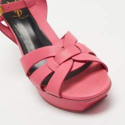 Pre Owned Yves Saint Laurent Pink Leather Platform Tribute Sandals Size 38.5