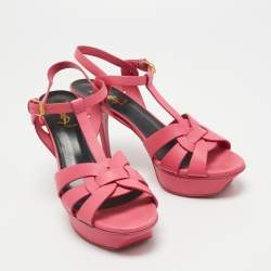Pre Owned Yves Saint Laurent Pink Leather Platform Tribute Sandals Size 38.5