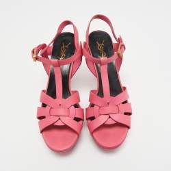 Pre Owned Yves Saint Laurent Pink Leather Platform Tribute Sandals Size 38.5