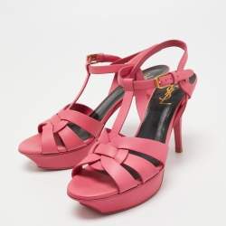 Pre Owned Yves Saint Laurent Pink Leather Platform Tribute Sandals Size 38.5