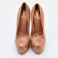 Yves Saint Laurent Brown Suede And Patent Leather Cap Toe Tribtoo Platform Pumps Size 39.5