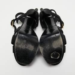 Pre Owned Yves Saint Laurent Black Glitter Suede Tribute Sandals Size 37.5