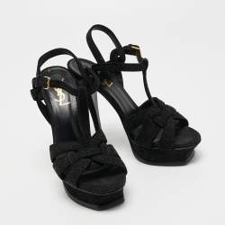 Pre Owned Yves Saint Laurent Black Glitter Suede Tribute Sandals Size 37.5