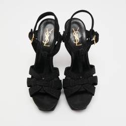 Pre Owned Yves Saint Laurent Black Glitter Suede Tribute Sandals Size 37.5