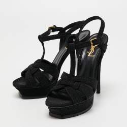 Pre Owned Yves Saint Laurent Black Glitter Suede Tribute Sandals Size 37.5