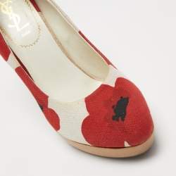 مملوكة مسبقًا Yves Saint Laurent Red/White Flower Print Canvas Wedge Pumps Size 40